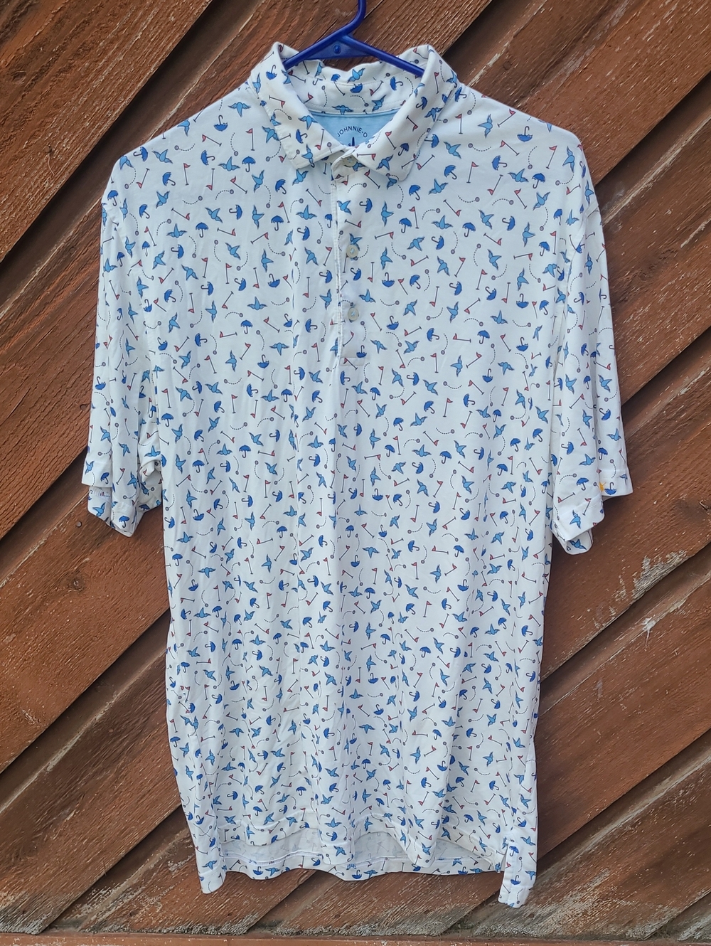 Like New johnnie-O "Raining Birdies" White Polo w/ Blue and Red Golf Motif